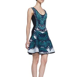 RARE Herve Leger Combo Scoop-Neck A-line Isabela Intarsia Feather Jacquard Dress